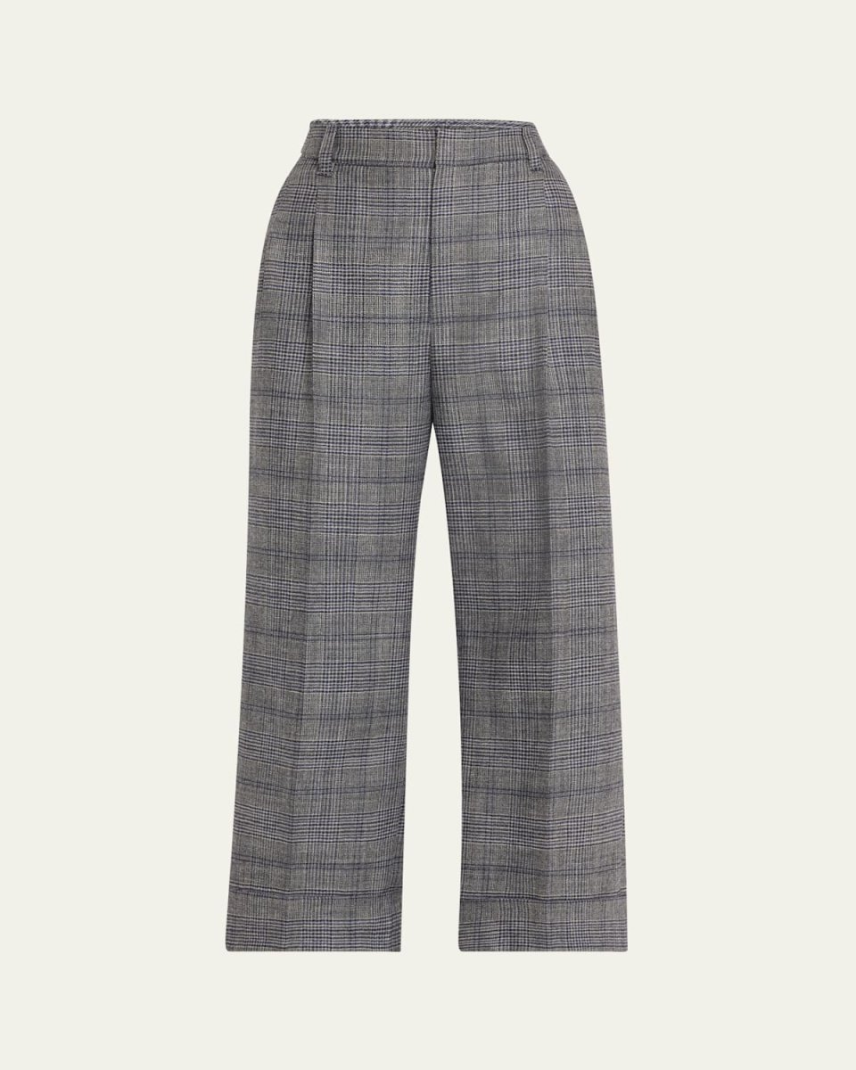 Pleated Wool Prince Of Wales Wide-Leg Crop Trousers